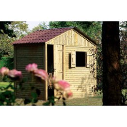 Abri de jardin Bois 5,90 m², Élise, toiture couleur terre cuite, Pin, imprégnation colorée verte, L. 2 m x l. 2,97 m x h. 2,95 m