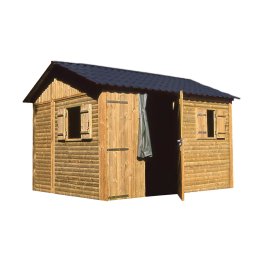 Abri de jardin Bois 11,60 m², Meunerie, toiture couleur graphite, Pin, imprégnation colorée verte, L. 3,90 m x l. 2,97 m x h. 2,95 m