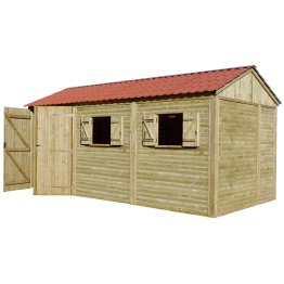 Abri de jardin Bois 17 m², Minotière, toiture couleur terre cuite, Pin, imprégnation colorée verte, L. 5,80 m x l. 2,97 m x h. 2,95 m