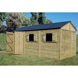 Abri de jardin Bois 17 m², Minotière, toiture couleur graphite, Pin, imprégnation colorée verte, L. 5,80 m x l. 2,97 m x h. 2,95 m