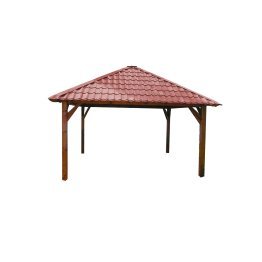 Kiosque en bois carré avec toiture tôle couleur terre cuite, Pin, imprégnation colorée verte, L. 4 m x l. 4 m x h. 3,80 m