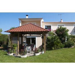 Kiosque en bois carré avec toiture tôle couleur terre cuite, Pin, imprégnation colorée verte, L. 3 m x l. 3 m x h. 3,50 m