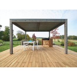 Pergola Bois Autoportée Samana avec toiture étanche, Douglas imprégnation colorée pré-grisée, L. 4 m x l. 4 m x h. 2,41 m