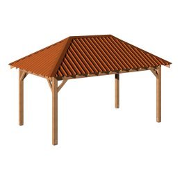 Kiosque en bois rectangulaire avec toiture tôle couleur terre cuite, Pin, imprégnation colorée marron, L. 5,50 m x l. 3,50 m x h. 3,53 m