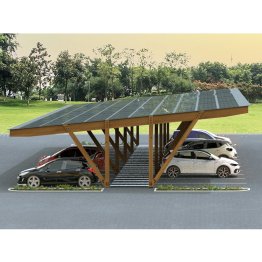 Structure Ombrière Bois photovoltaïque, Module de départ Monopente Double PIVOLTA, Douglas, imprégnation colorée marron, L. 7,50 m x l. 12 m x h. 4,53 m